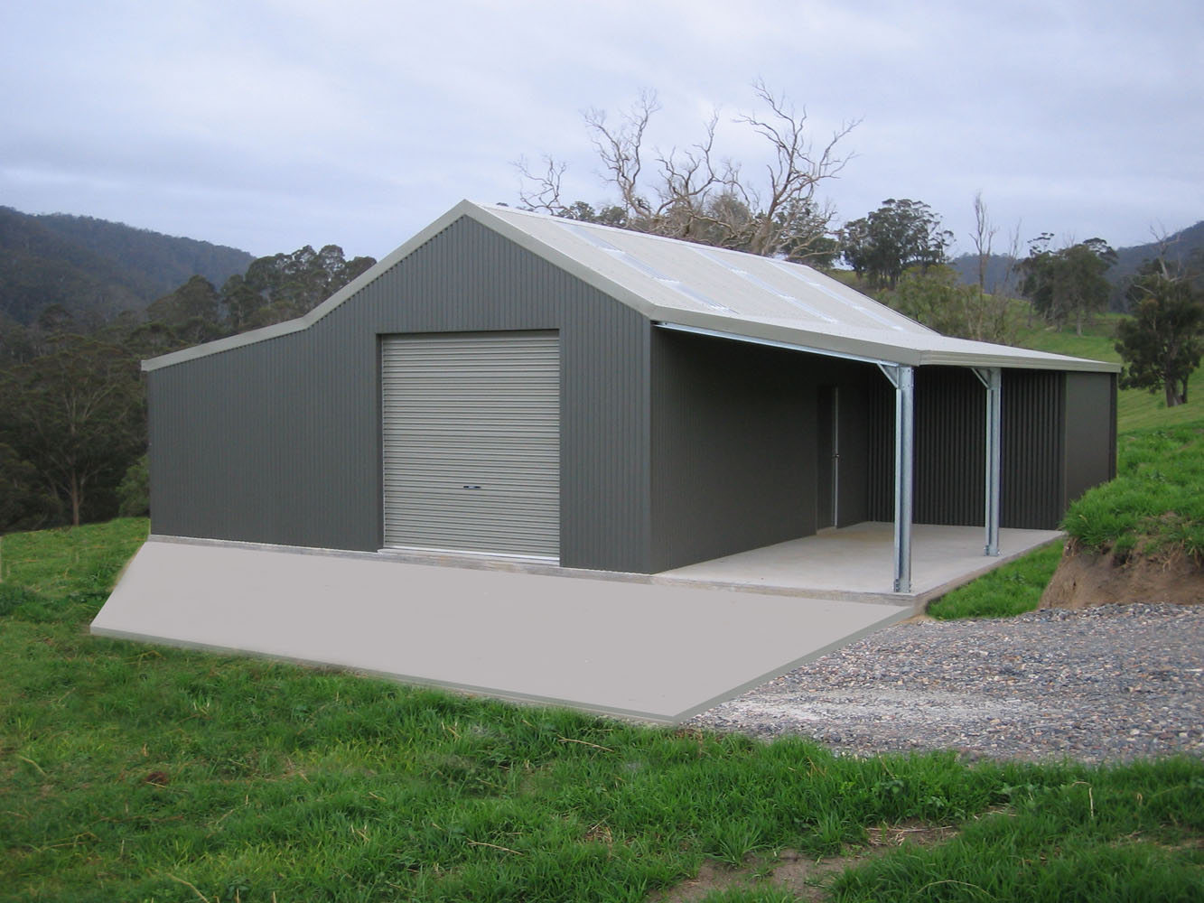 Traditional Aussie barns have a two stage roof that continues over the 